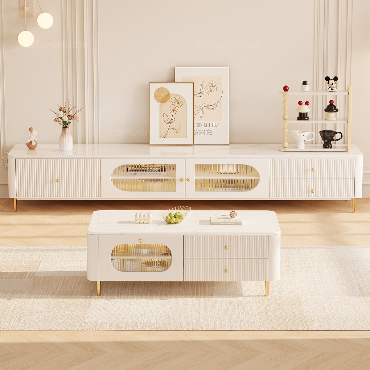 三梦法式电视柜落地实木客厅家用2025新款奶油风茶几电视机柜组合