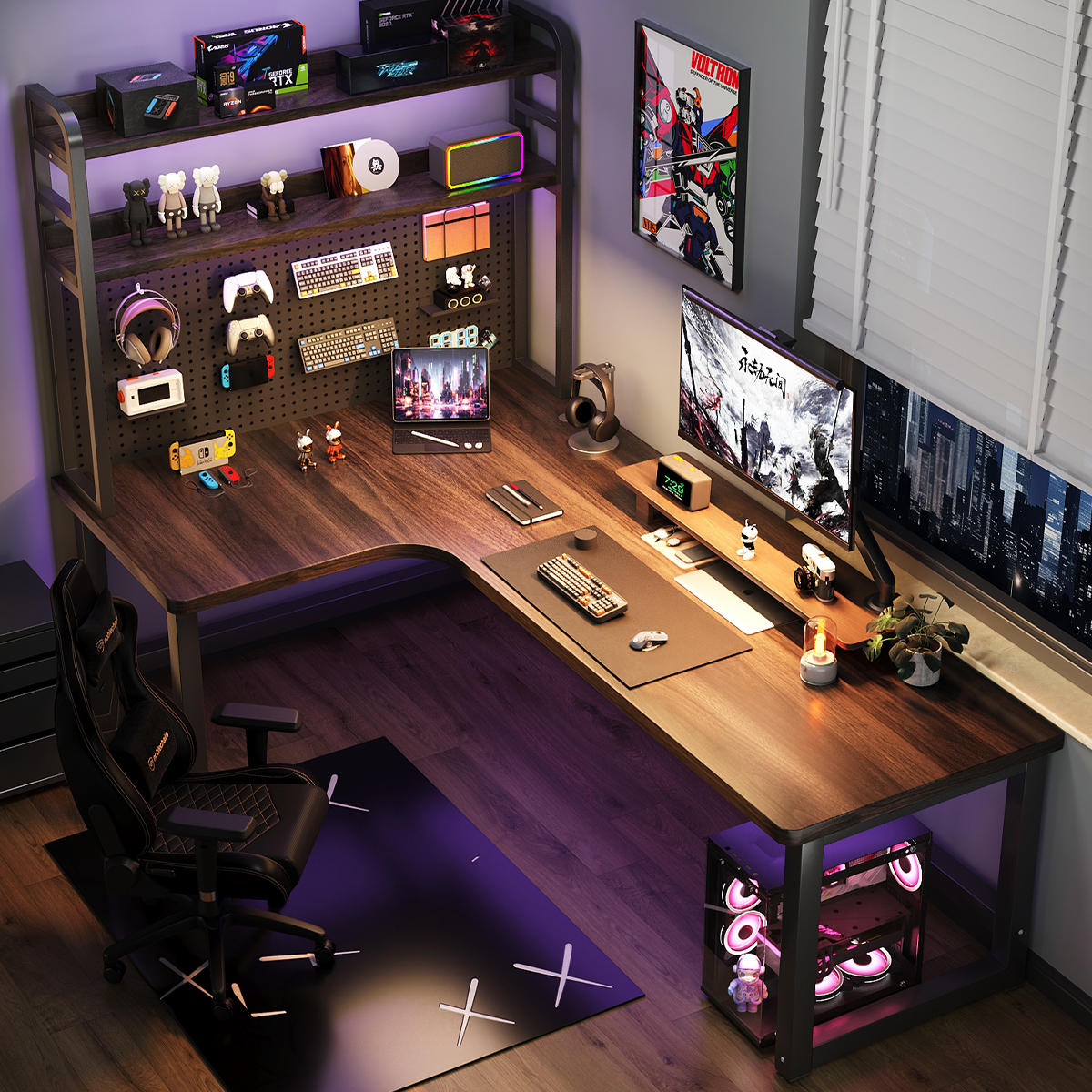 三梦转角电竞桌台式洞洞板电脑桌家用学生学习桌子书桌书架一体桌