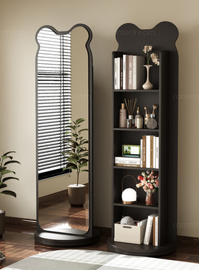 中古风小熊旋转穿衣镜可移动全身落地镜家用杂志书架储物试衣镜子