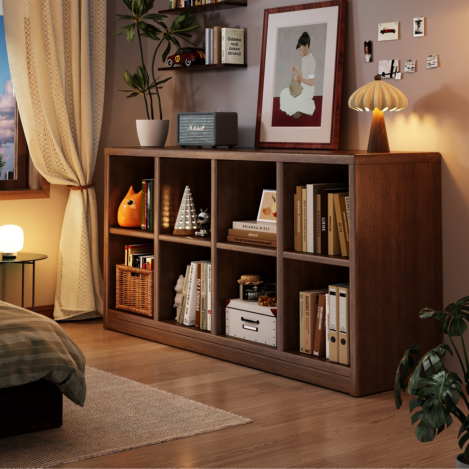 三梦实木书架落地置物架一体靠墙书柜自由组合格子柜子客厅储物柜