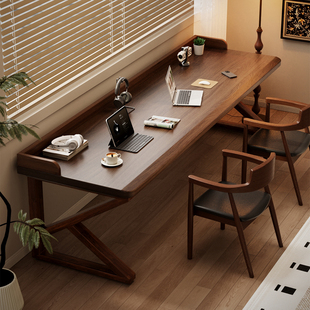 三梦全实木书桌学习长条办公桌子工作台中古风双人电脑桌家用卧室