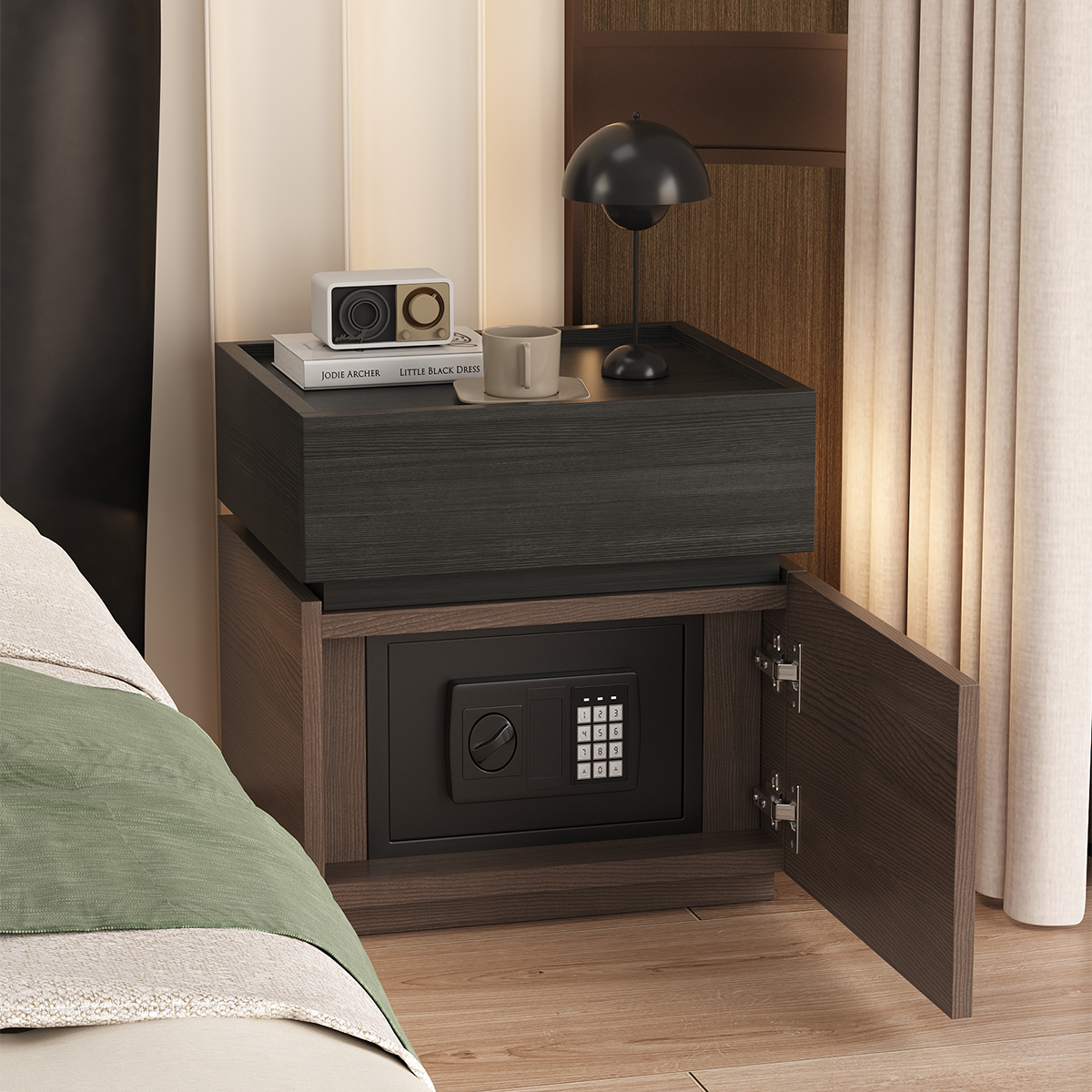 三梦实木床头柜保险箱一体意式极简家用卧室床边储物柜子2025爆款