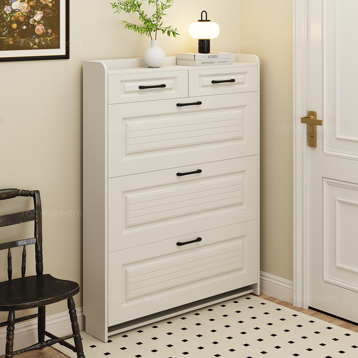 三梦实木鞋柜带抽屉家用门口新款超薄翻斗鞋柜收纳柜一体极窄入户