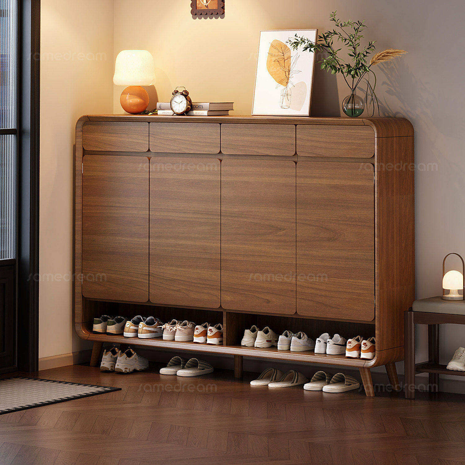 三梦实木鞋柜收纳柜一体胡桃色鞋柜家用门口入户大容量玄关储物柜
