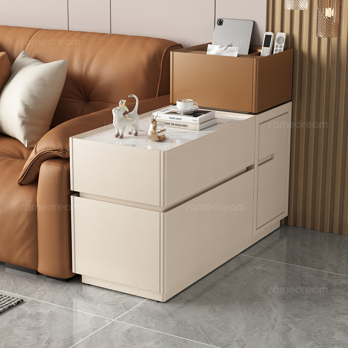 三梦现代简约猫抓皮茶几小户型带储物客厅大容量收纳高级感边几