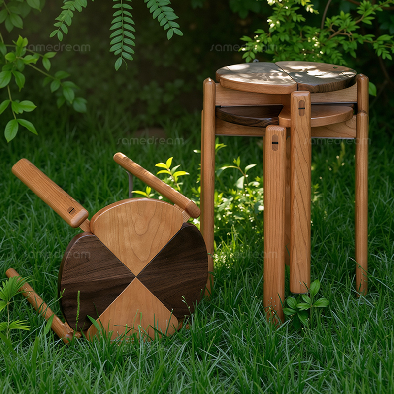 三梦四叶草胡桃木凳子家用可叠放