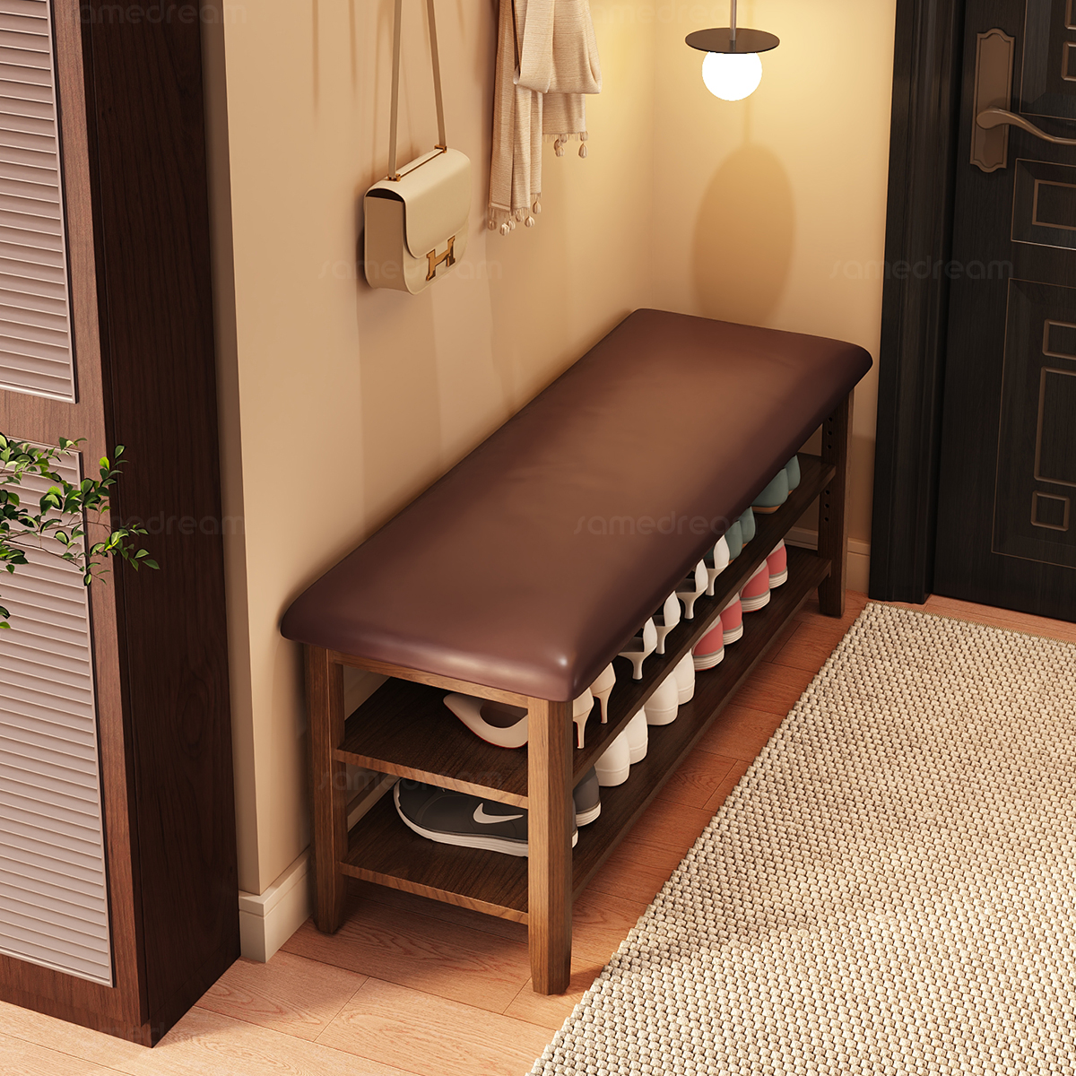 三梦实木换鞋凳家用门口多层鞋柜