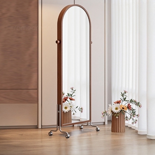 中古风实木全身镜家用落地镜可旋转移动穿衣镜卧室杂志架储物镜子