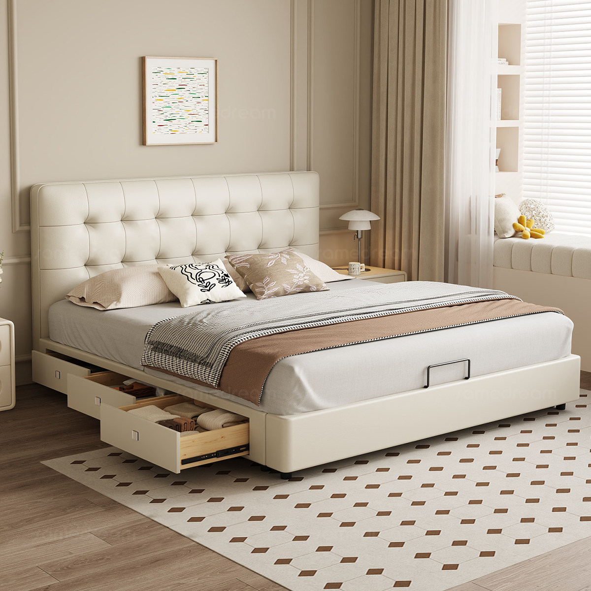 三梦华夫格法式奶油风床主卧大床