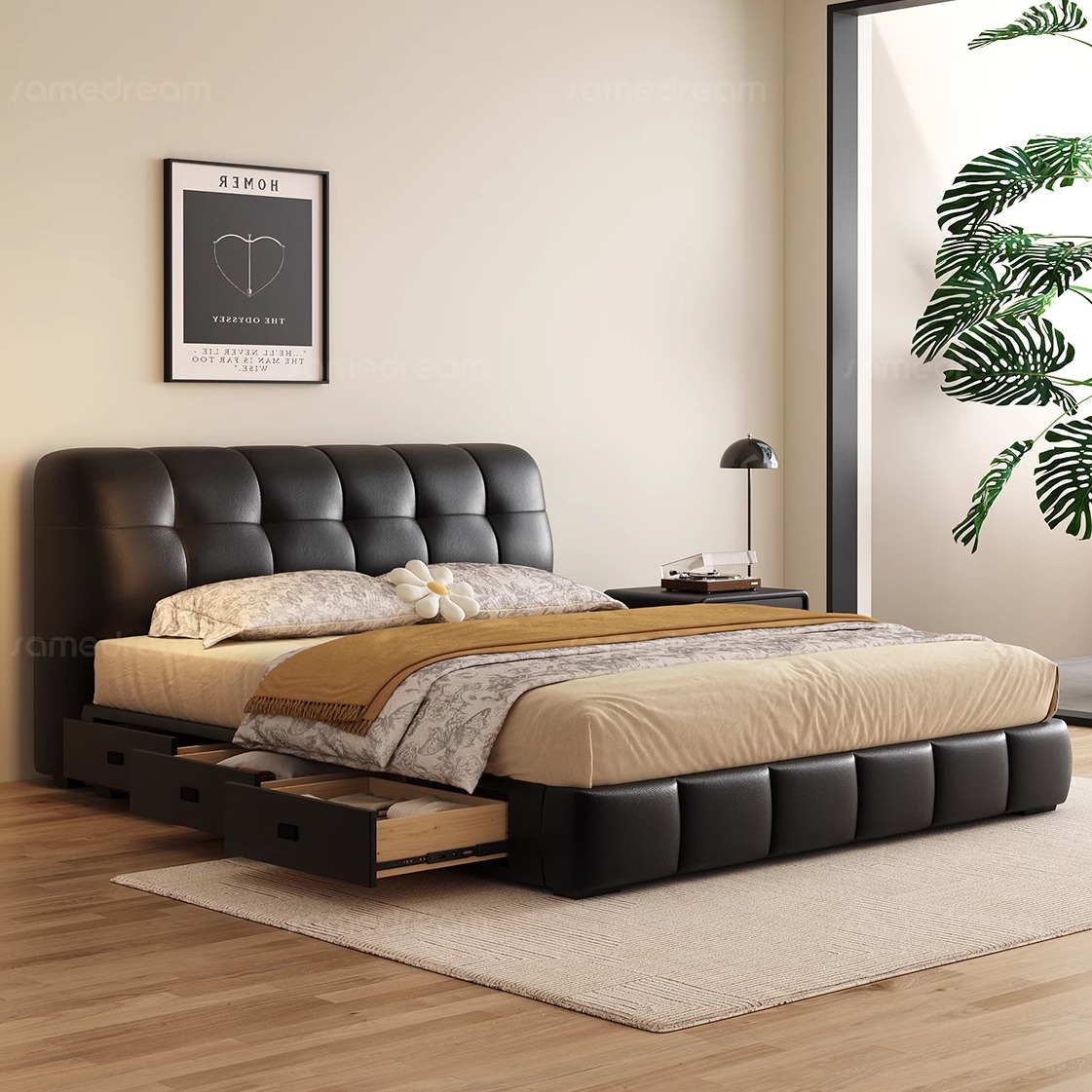 三梦泡芙黑色奶油风床主卧真皮床2025新款高端大气卧室双人大床