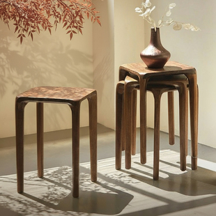 三梦北美胡桃木实木凳子家用可叠放木头板凳客厅椅子餐桌凳梳妆凳
