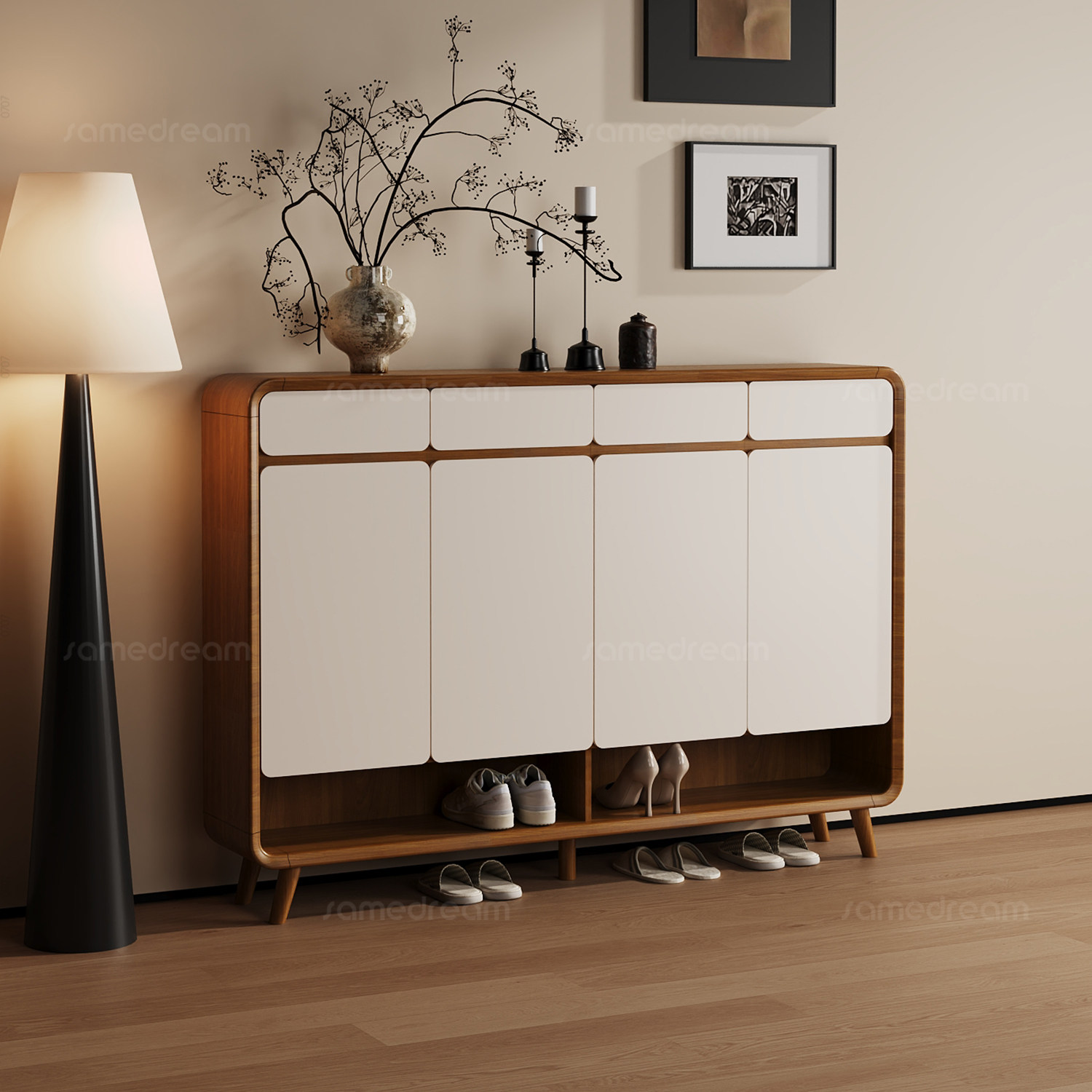 三梦实木鞋柜家用门口收纳柜子大容量入户鞋柜玄关柜一体靠墙门外