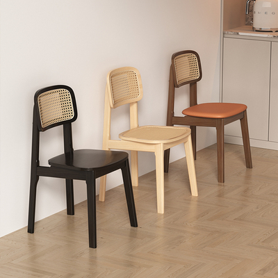 三梦实木北欧藤编餐椅