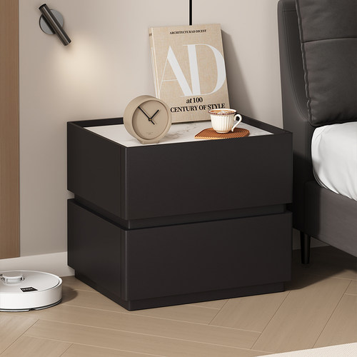 三梦实木床头柜轻奢高级感简约现代黑色小柜子家用卧室创意床边柜