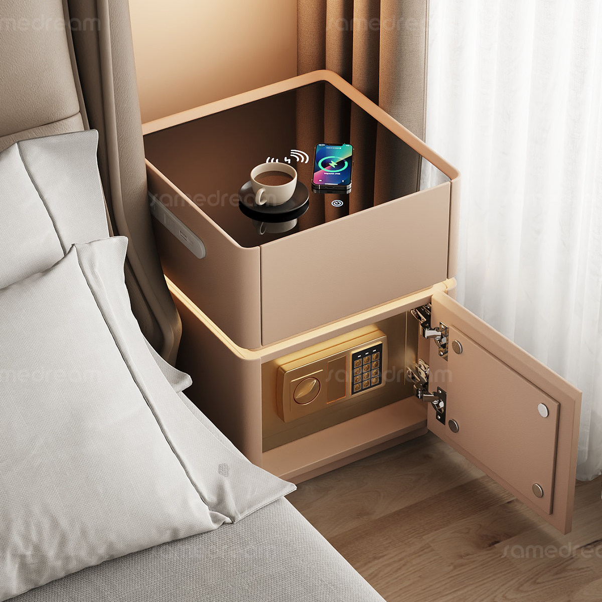 智能实木床头柜保险箱一体简约家用卧室带锁轻奢高级感小型收纳柜,住宅家具,床头柜,淘宝优惠券,粉丝福利购,淘宝优惠卷