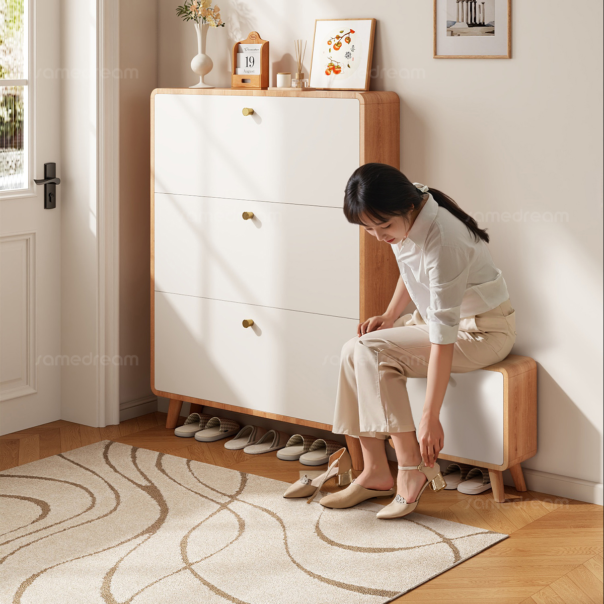 三梦超薄实木翻斗鞋柜家用入户门口玄关收纳柜一体靠墙薄款窄鞋架