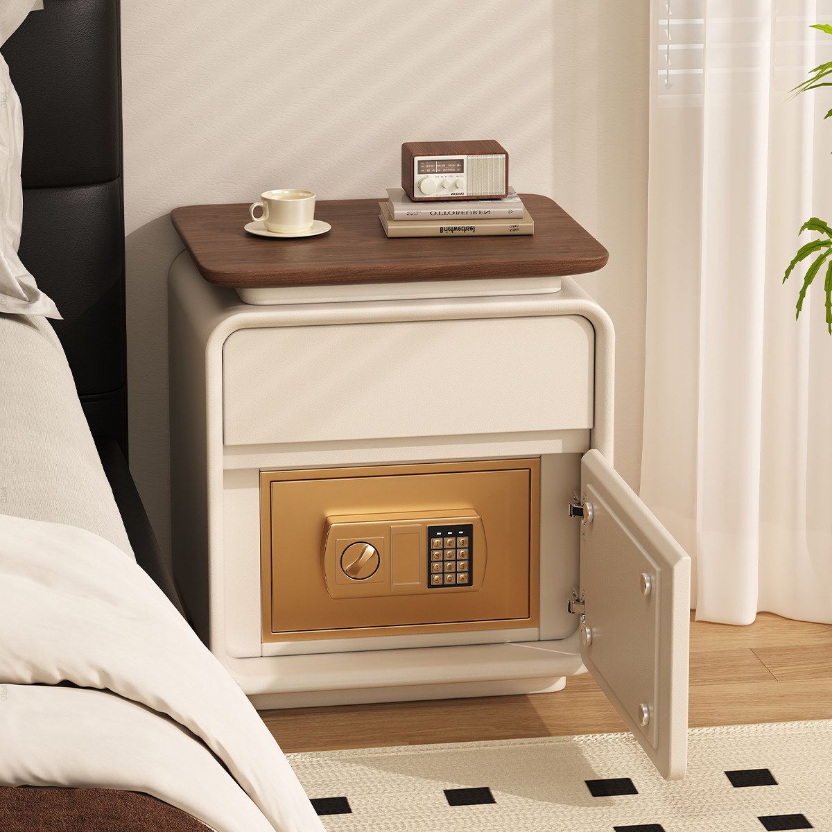 三梦全实木床头柜保险箱一体带锁家用卧室中古奶油风小型床边柜子