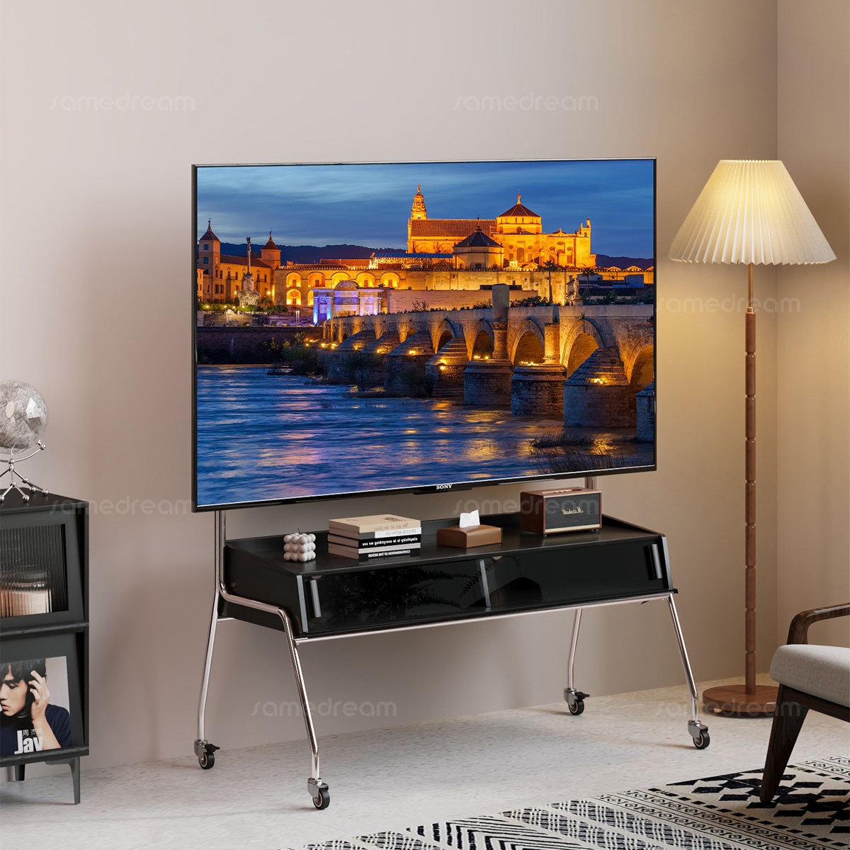 三梦中古风电视柜可移动电视机柜2025新款落地实木小户型移动支架