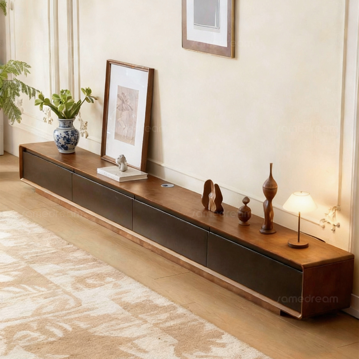 三梦中古风电视柜落地客厅2025新款胡桃色实木家用小户型电视机柜