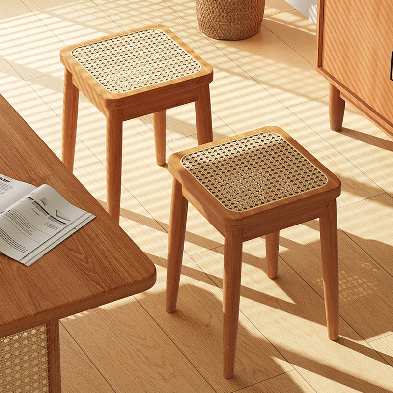 三梦实木藤编凳子家用可叠放中古方凳餐桌板凳透气餐凳简约高椅子