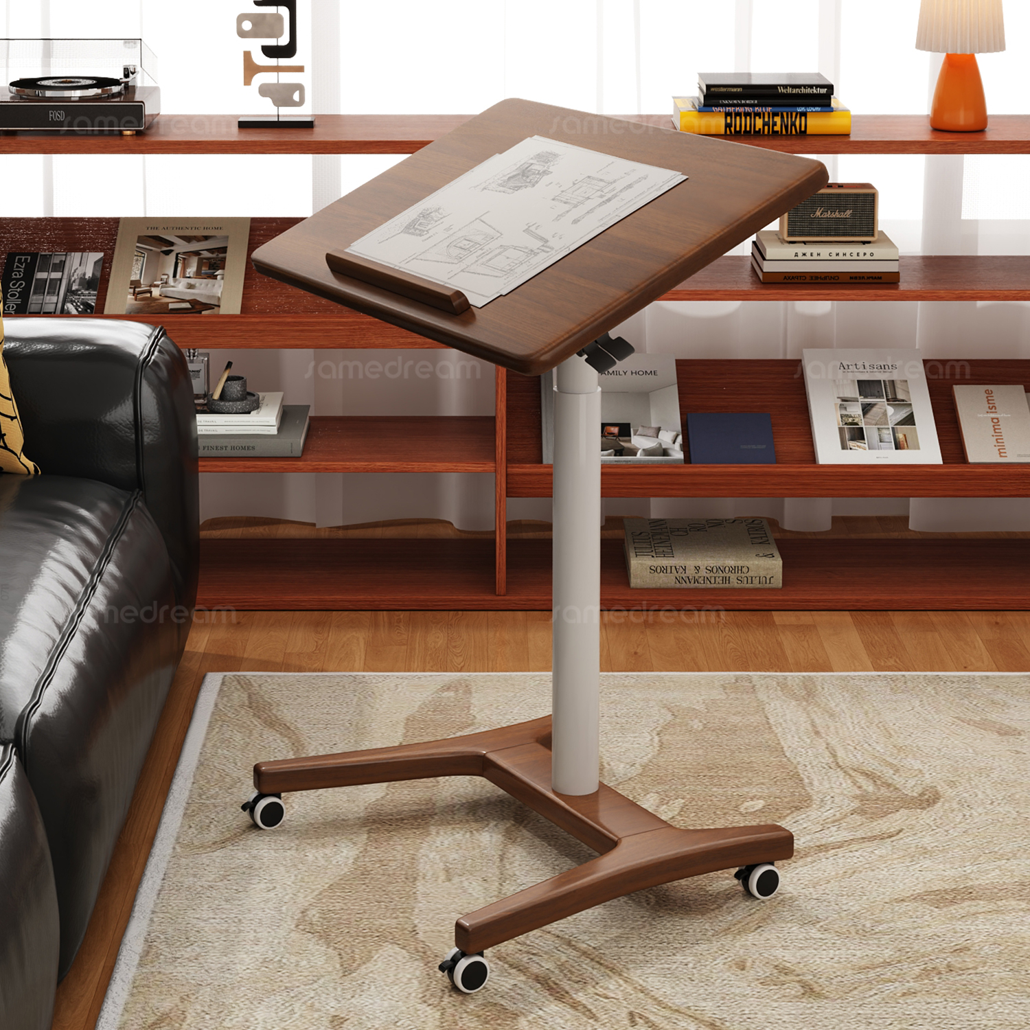 三梦实木书桌升降电脑桌子移动床边桌卧室家用办公桌小户型写字桌