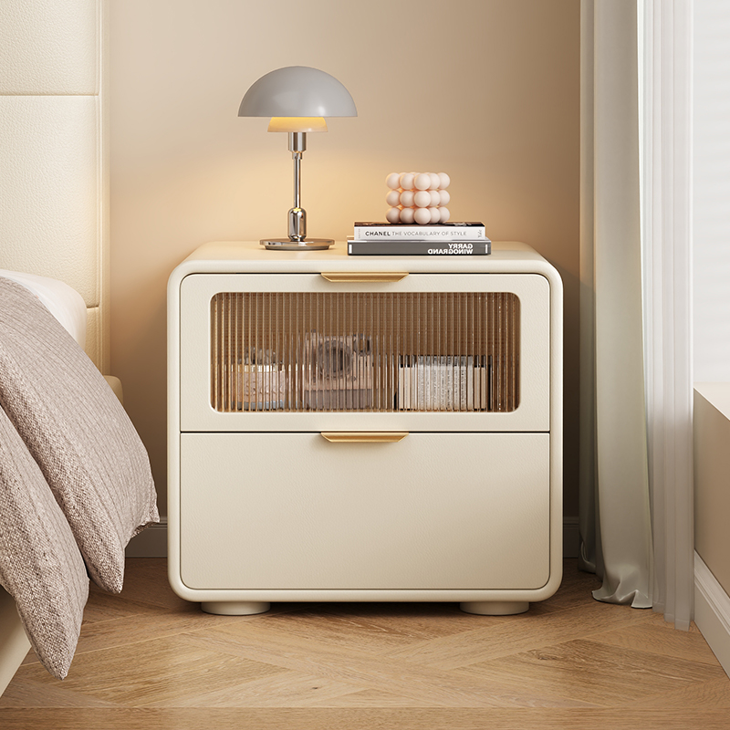 全实木奶油风免安装床头收纳柜