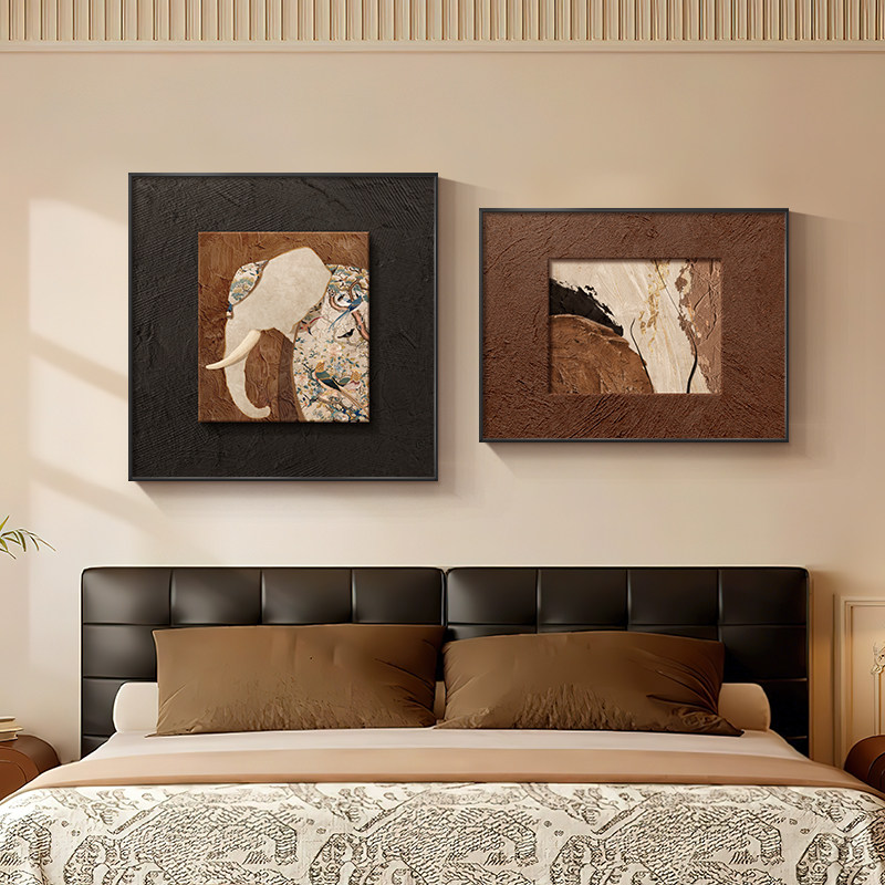 中古风高级感卧室床头装饰画浮雕立体客厅沙发背景墙挂画大象壁画
