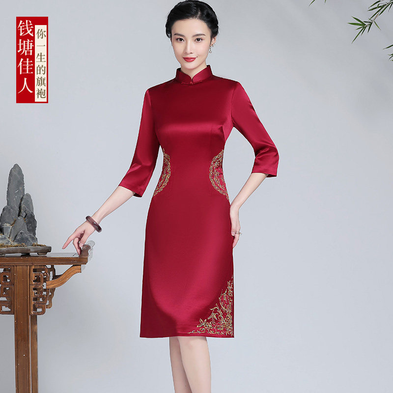 钱塘佳人春娇醋酸缎面秋季旗袍复古红色结婚妈妈婆婆婚宴礼服高贵