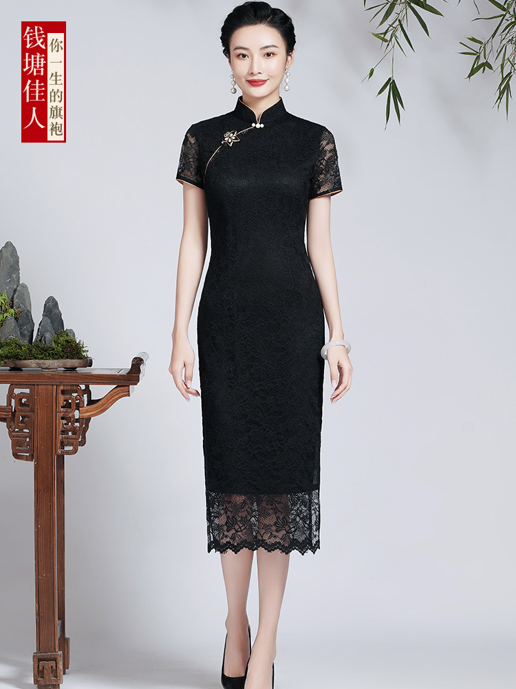 Black elite summer lace retro cheongsam, light style, Chinese style