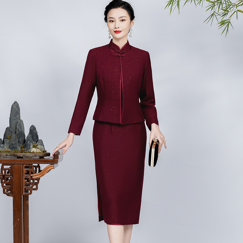 钱塘佳人佳颖羊毛呢旗袍长袖秋冬款喜婆婆妈妈礼服婚礼宴会气质