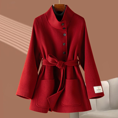 高端收腰立领赫本风羊毛呢外套