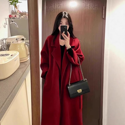 红色新年装双面绒羊毛大衣中长款