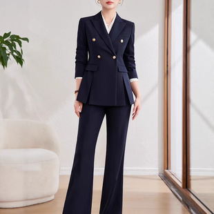 藏青色西装外套女大码胖MM面试工作服主持人职业西服微喇裤套装女