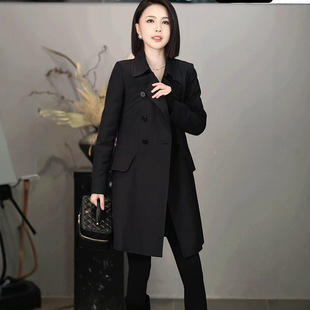 胖mm大码女装翻领收腰赫本风双排扣风衣外套中长款韩版大衣200斤