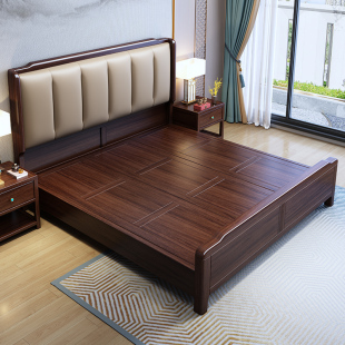 新中式乌金木床主卧室1.8双人床气压储物1.5m2米软包真皮实木大床