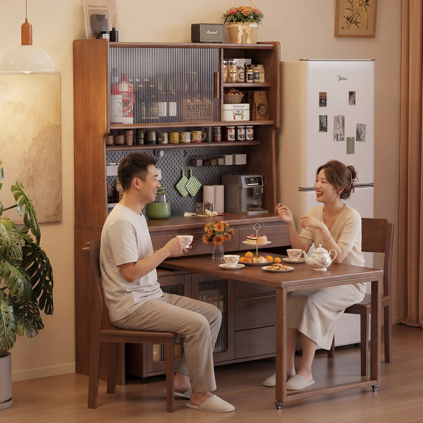 实木餐边柜餐桌一体靠墙储物柜现代简约厨房置物柜多功能家用酒柜