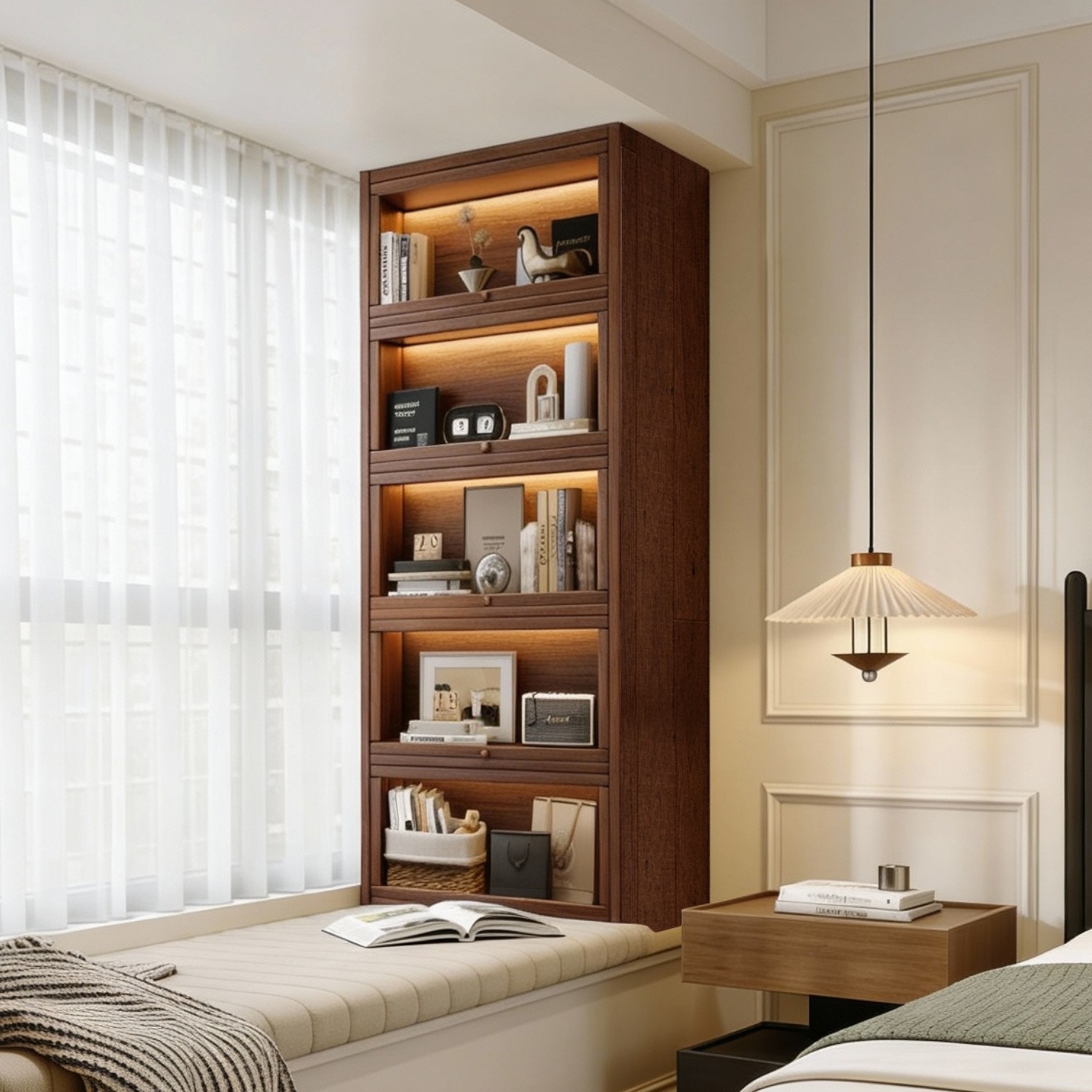 飘窗书架落地书柜置物架中古实木防尘展示柜美式复古收纳储物柜子