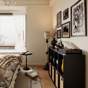 实木中古风卧室床尾收纳柜书架储物柜卡莱克柜格子柜落地展示柜子