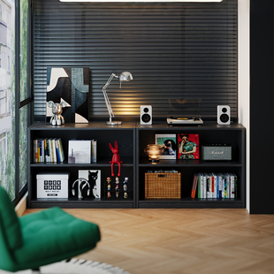 实木书架落地置物架一体靠墙格子柜展示收纳黑色矮书柜储物柜一体
