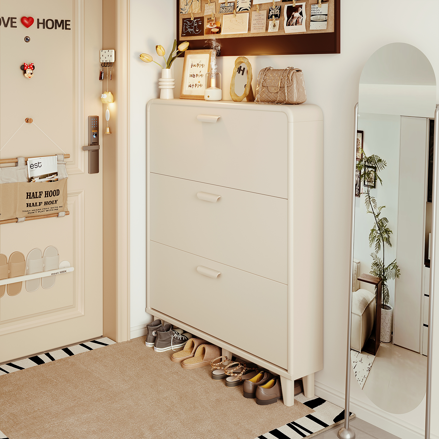2025新款奶油风门后超薄鞋柜