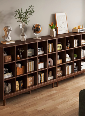 全实木书柜胡桃木色格子柜客厅置物柜落地矮柜子储物一体靠墙书架