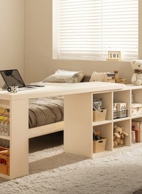 卧室实木床边窄夹缝长条桌带储物柜家用简易电脑桌白色可伸缩书桌