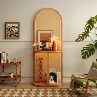 南洋复古风屏风隔断客厅新款实木藤编置物架家用轻奢高级感展示架