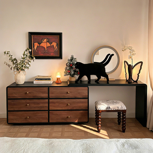 秋岚复古梳妆台斗柜一体卧室实木化妆桌书桌二合一床尾收纳置物柜