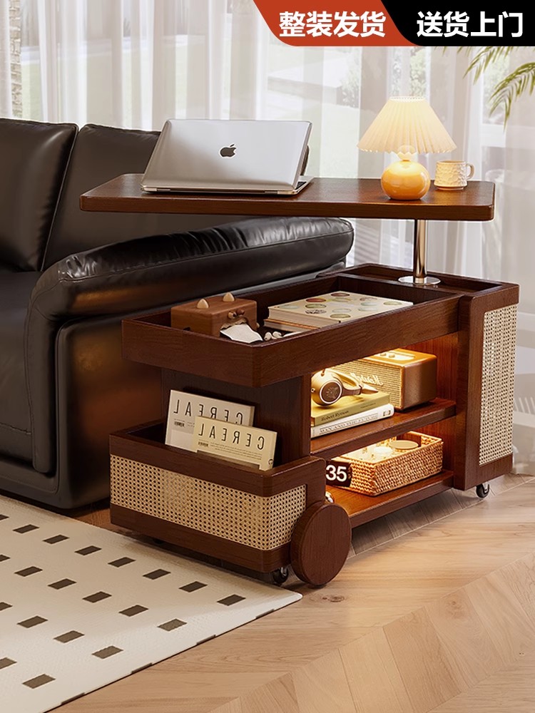 实木移动茶几边几小户型客厅家用沙发边柜可升降式小推车巴士