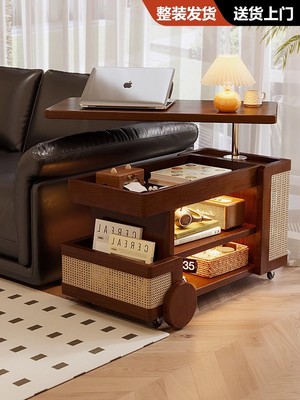 实木移动茶几边几小户型客厅家用沙发边柜可升降式小推车巴士