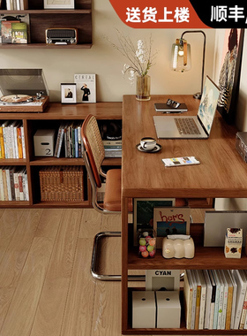 实木转角书桌书架书柜一体卧室家用学习桌写字台中古风L型电脑桌