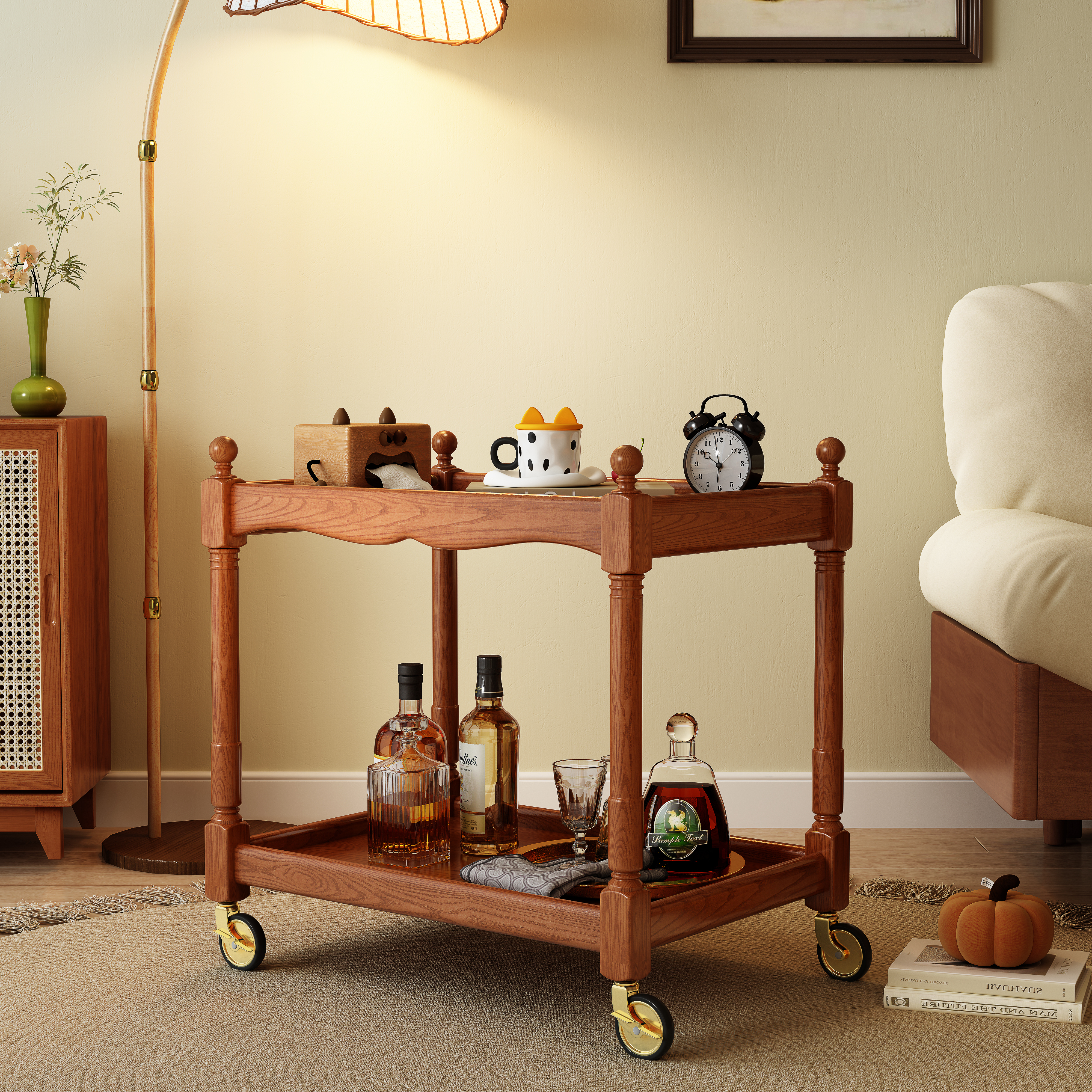 中古风移动小推车边几客厅家用茶几小桌子双层实木沙发边置物架