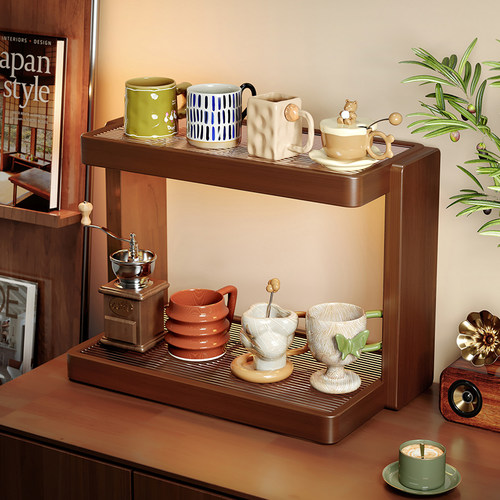杯架实木中古杯子收纳层架子茶杯茶具水杯放置架咖啡杯餐柜置物架