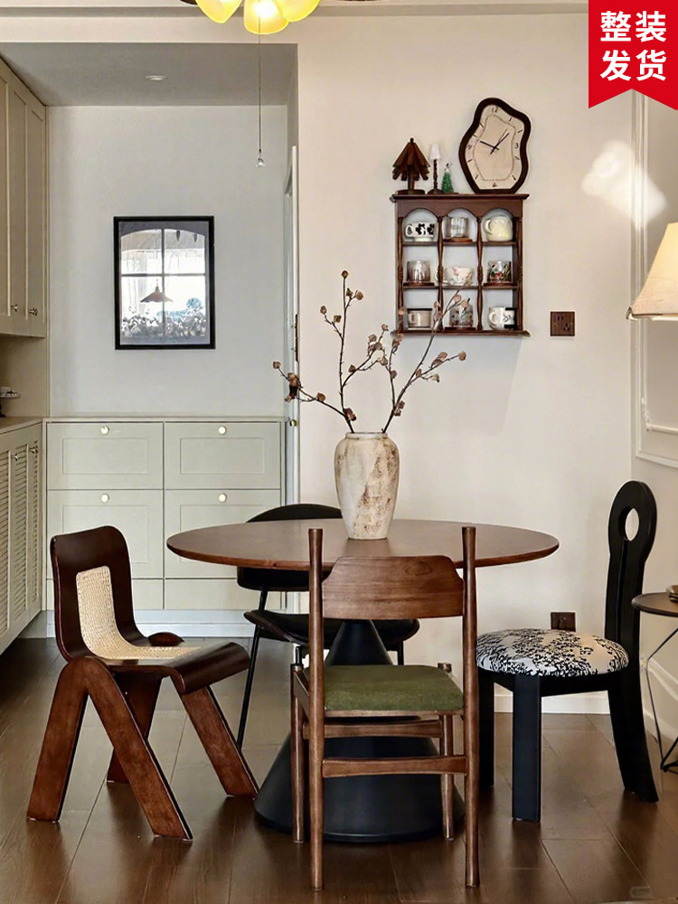 实木餐椅中古风藤编靠背椅子家用软包休闲混搭凳子法式冲冠餐桌椅